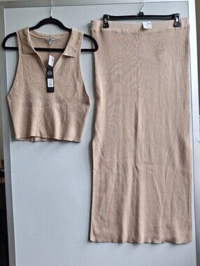 NWT Fashion Nova Ribbed Knit 2-Piece Set Polo Crop & High Slit Skirt Beige 3X